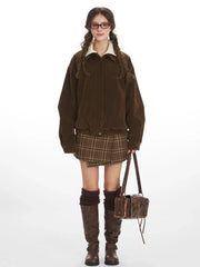 Vintage Chocolate Brown Suede Bomber Jacket - TEVQA