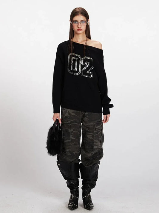 Vintage Black Sequin '02' Off-Shoulder Sweater - TEVQA