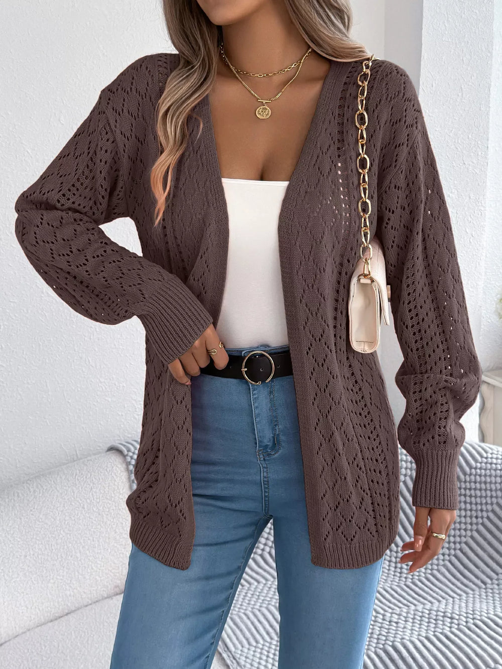 Pointelle Knit Cardigan - View 11 | TEVQA