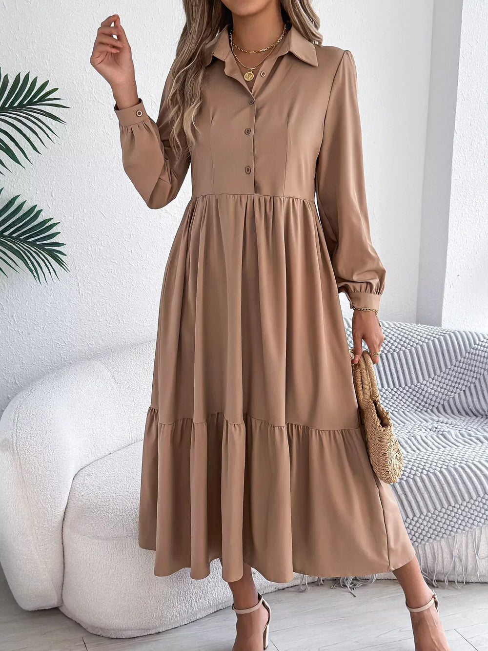 Navy Blue Ruffled Tiered Shirt Dress - View 22 | TEVQA