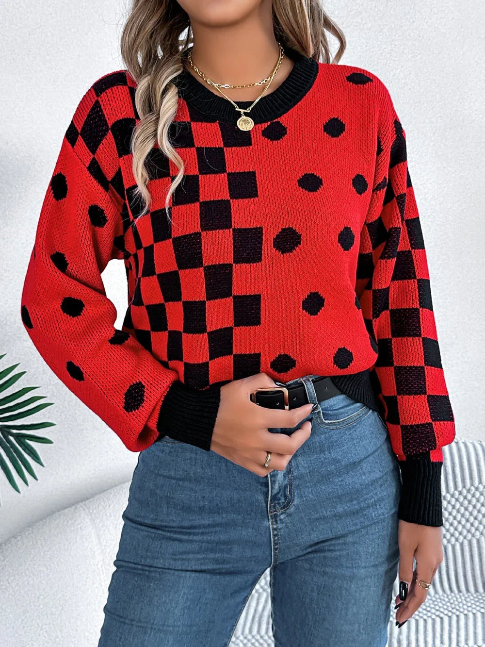 Gray Polka Dot & Checkerboard Knit Sweater - View 9 | TEVQA