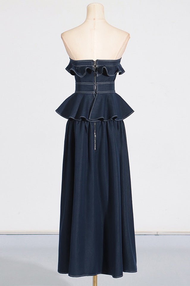 Denim Jumpsuit With Waistband - Tevqa