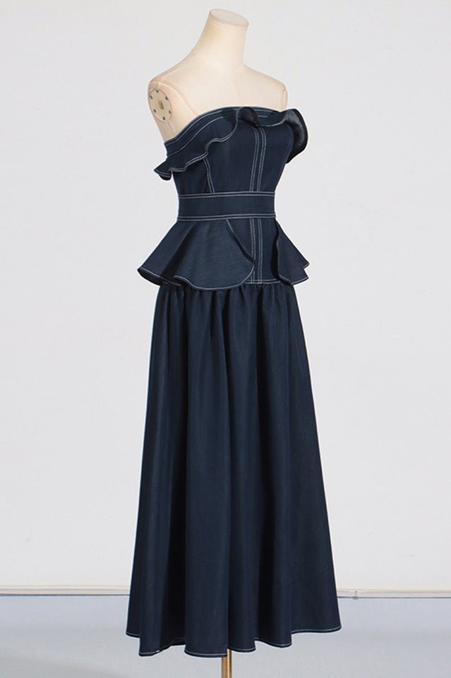 Denim Jumpsuit With Waistband - Tevqa