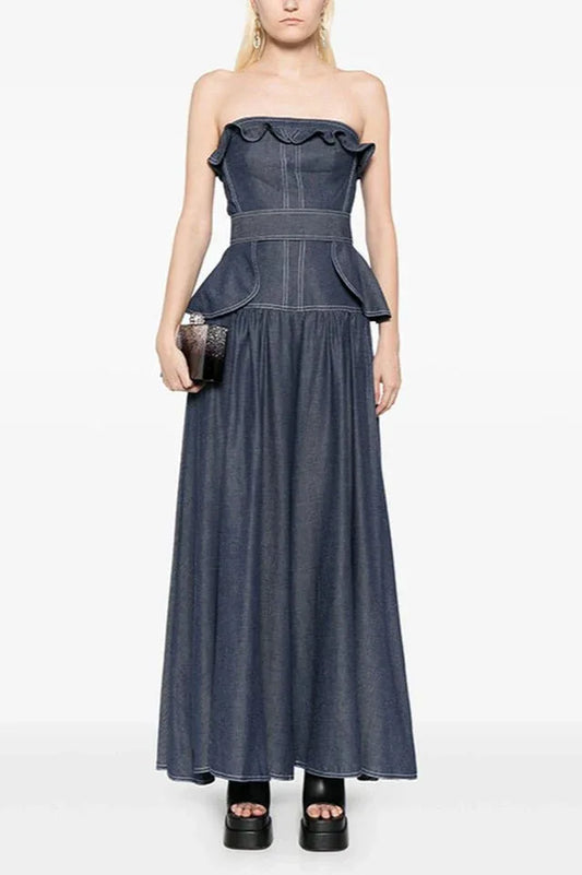 Denim Jumpsuit With Waistband - TEVQA