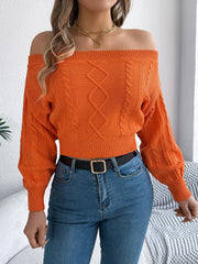 Khaki Off-Shoulder Cable Knit Sweater