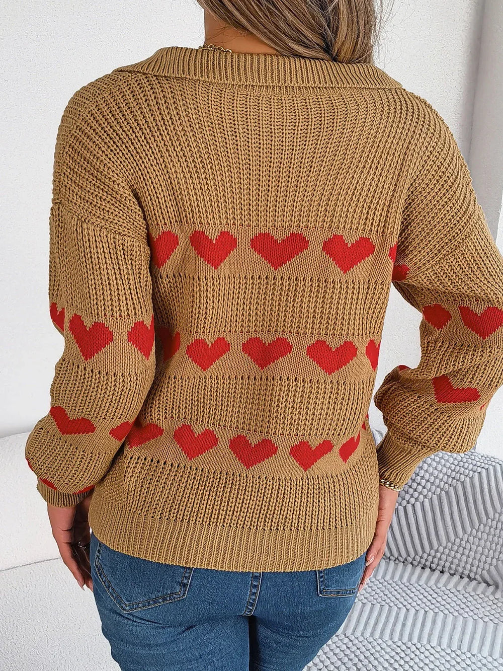Collared Heart Print Knit Sweater - View 6 | TEVQA