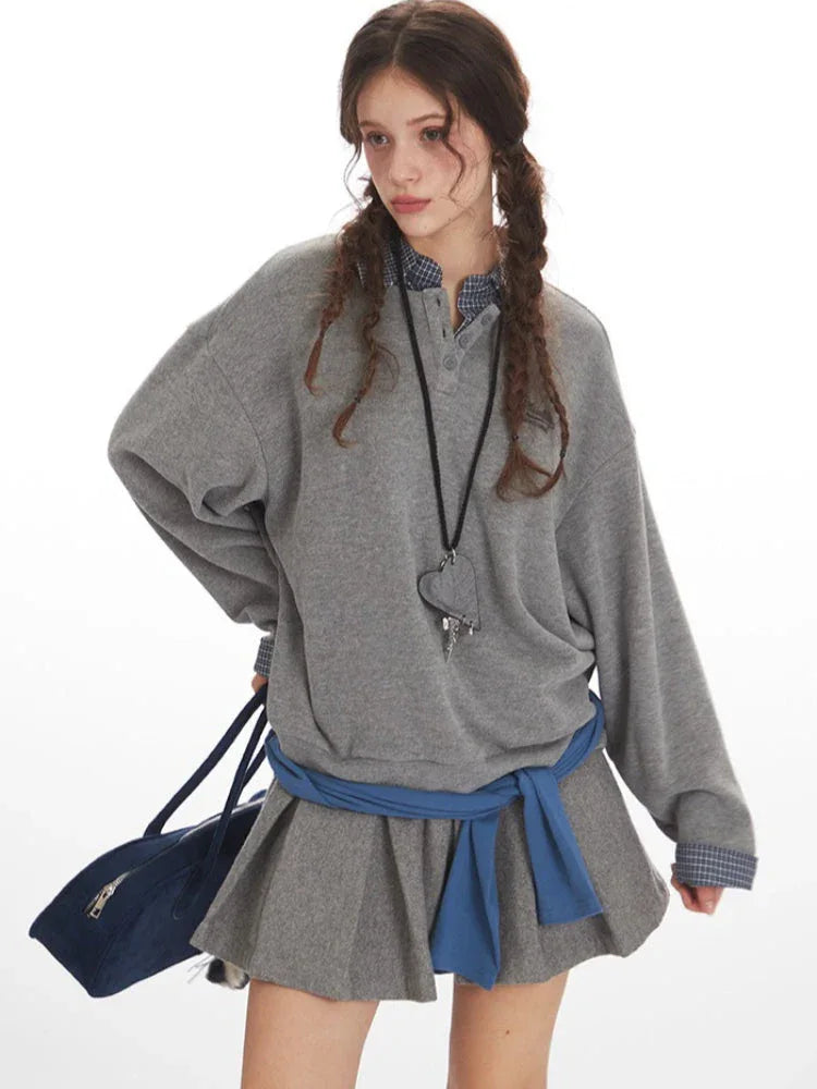 Vintage Grey Faux Layered Plaid Collar Sweatshirt - TEVQA