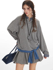 Vintage Grey Faux Layered Plaid Collar Sweatshirt - TEVQA