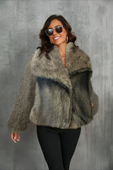 Luxe Sage Grey Faux Fox Fur Coat - TEVQA