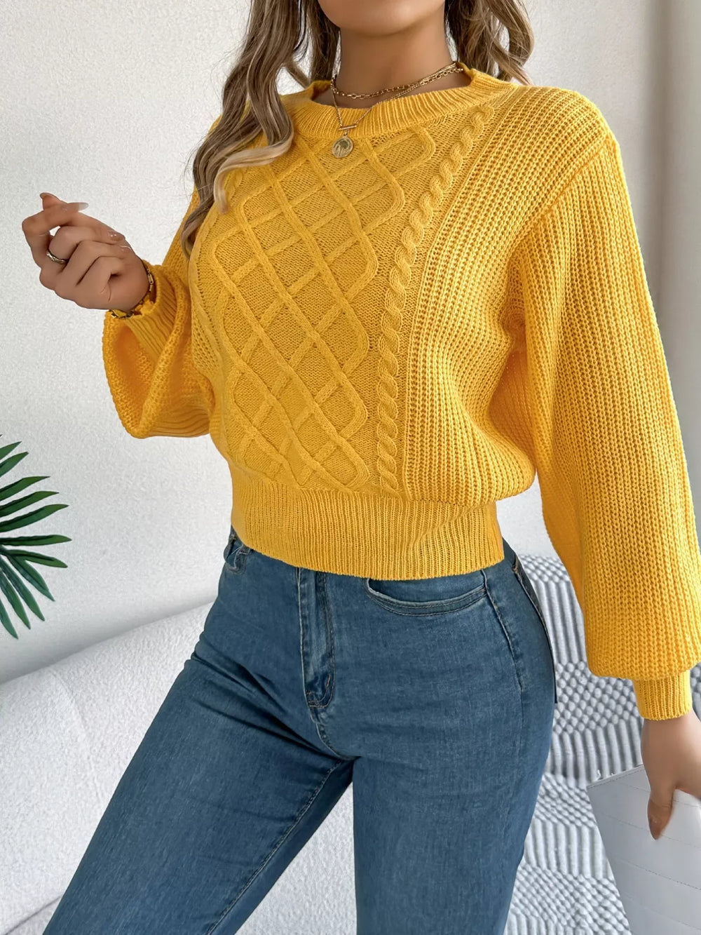 Orange Cable Knit Cinched Waist Sweater - View 10 | TEVQA