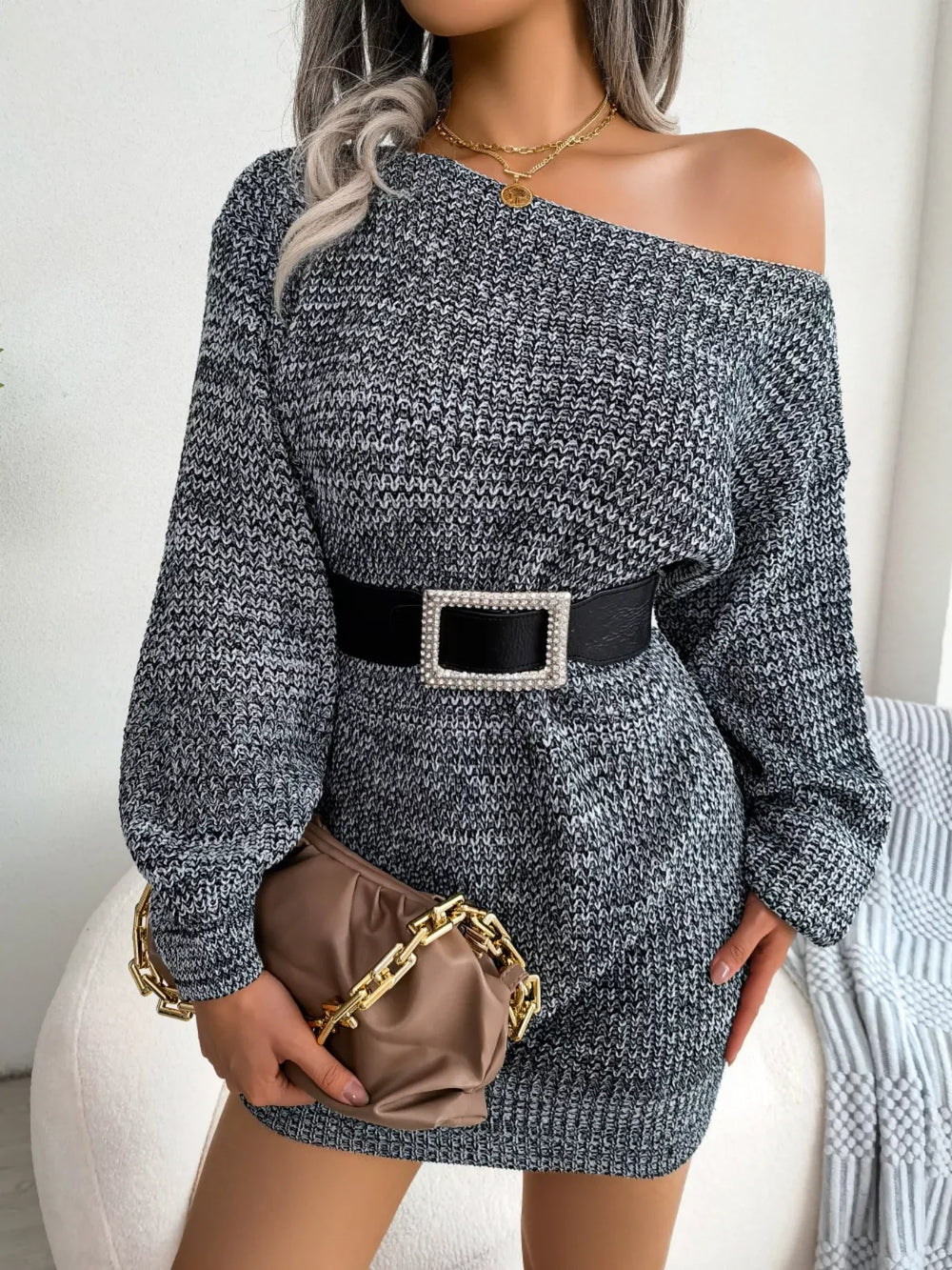 Green Marled Off-Shoulder Sweater Dress - View 8 | TEVQA