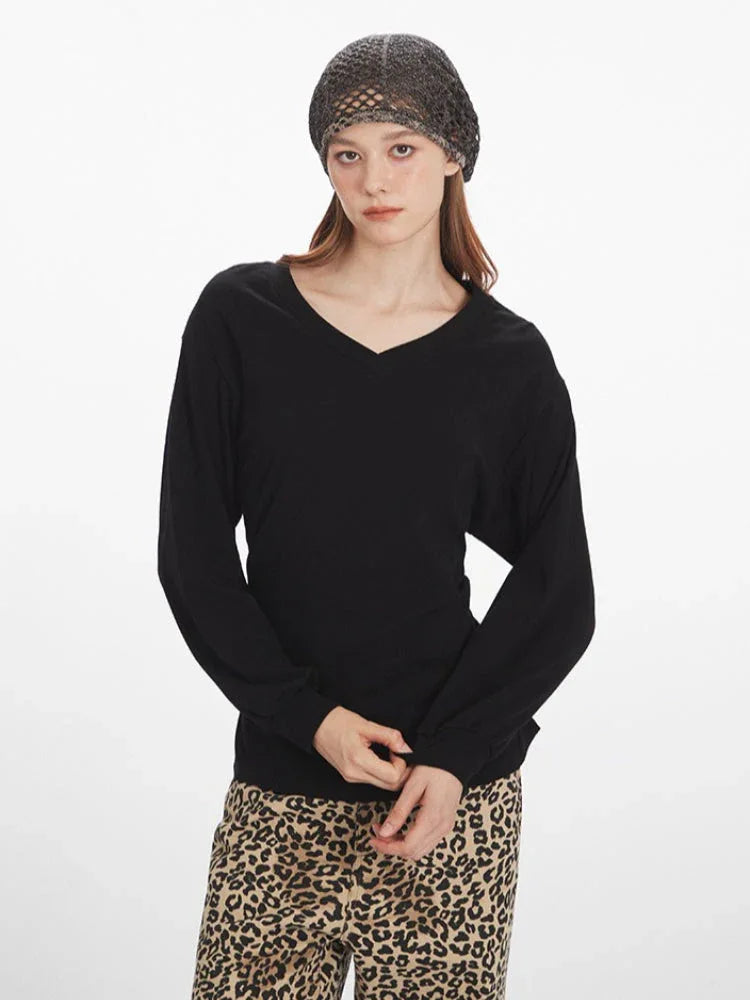Woman wearing a black V-neck long-sleeved top and leopard print wide-leg pants, shown from the chest up.