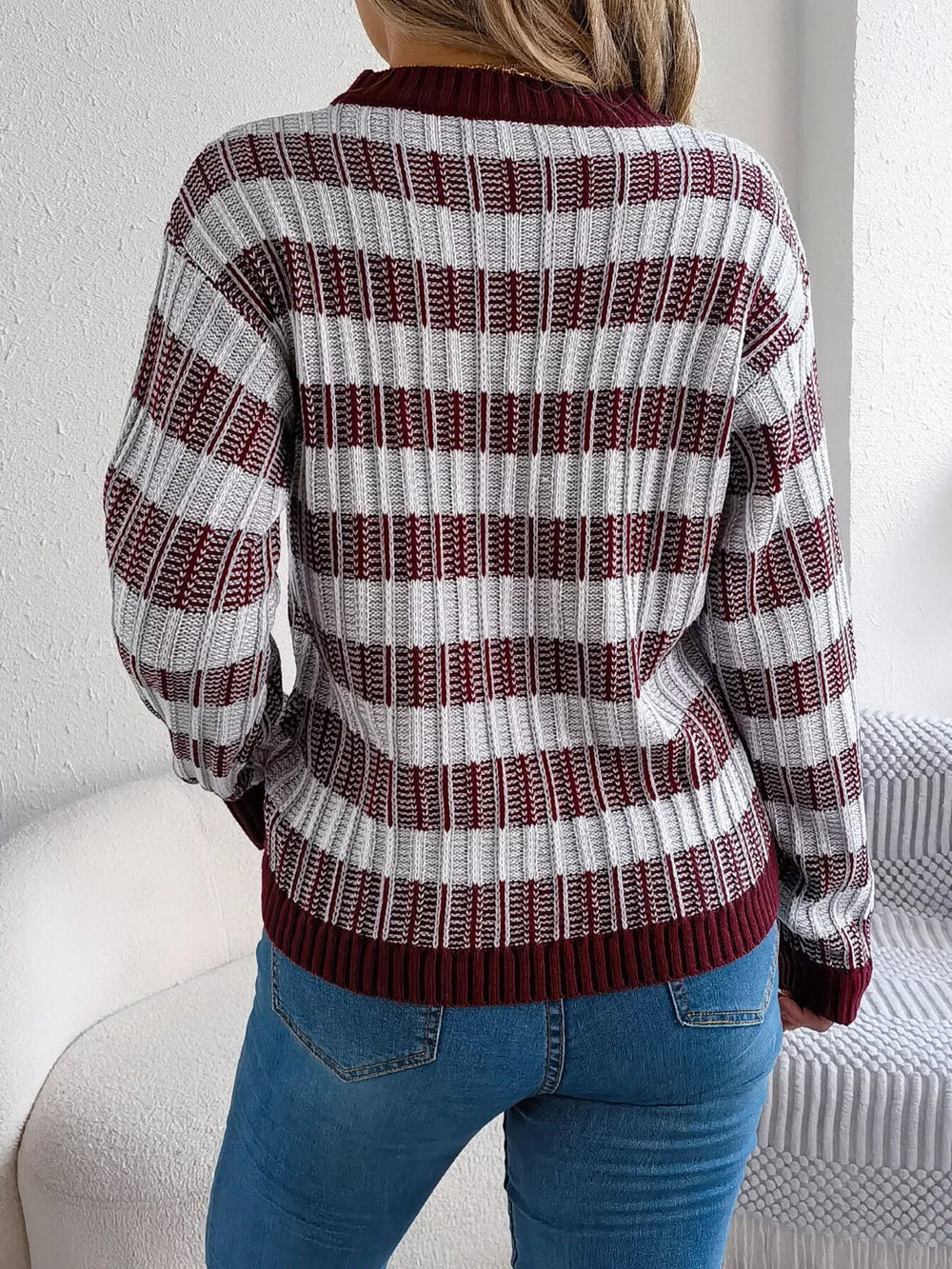 Vintage Lantern Sleeve Knit Sweater - Burgundy - TEVQA