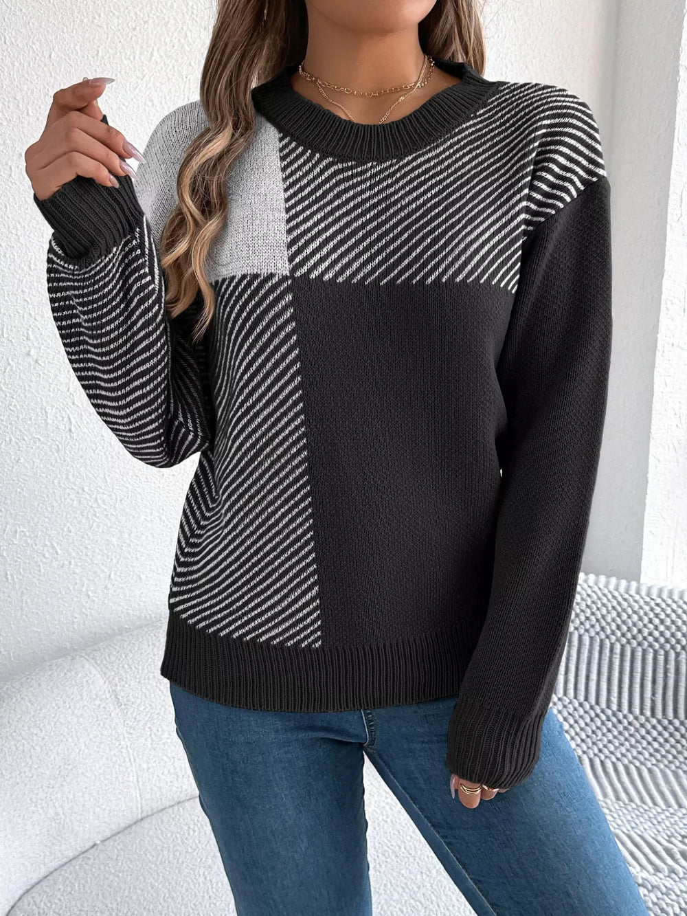 Modern Geometric Khaki Knit Sweater - TEVQA