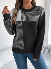 Modern Geometric Khaki Knit Sweater - TEVQA