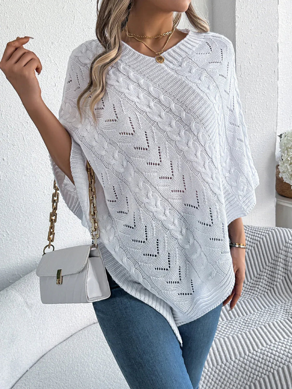 White Cable Knit V-Neck Poncho Sweater - TEVQA