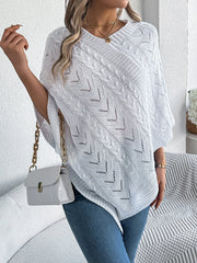 White Cable Knit V-Neck Poncho Sweater - TEVQA
