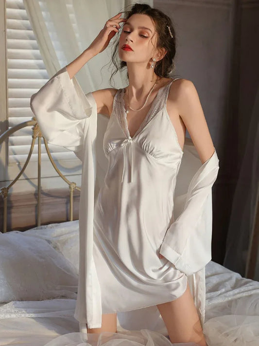 White Lace Trim Satin Slip Dress & Robe Set - TEVQA
