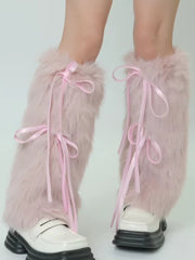 Pink Faux Fur Y2K Leg Warmers with Satin Ribbons