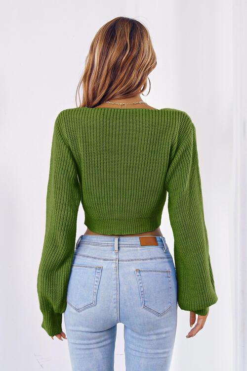 Ribbed knit crop sweater with tie neck - View 12 | TEVQA
