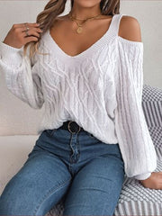 Elegant Ivory Cold Shoulder Cable Knit Sweater