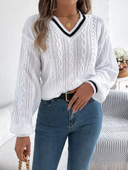 Cable Knit V-Neck Sweater - View 16 | TEVQA