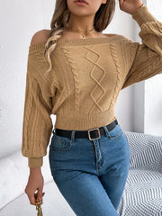 Khaki Off-Shoulder Cable Knit Sweater - View 6 | TEVQA