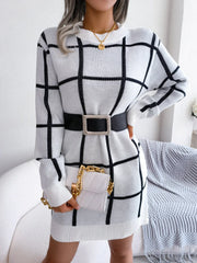 Green windowpane plaid knit sweater dress with crew neckline and long sleeves - View 7 | TEVQA