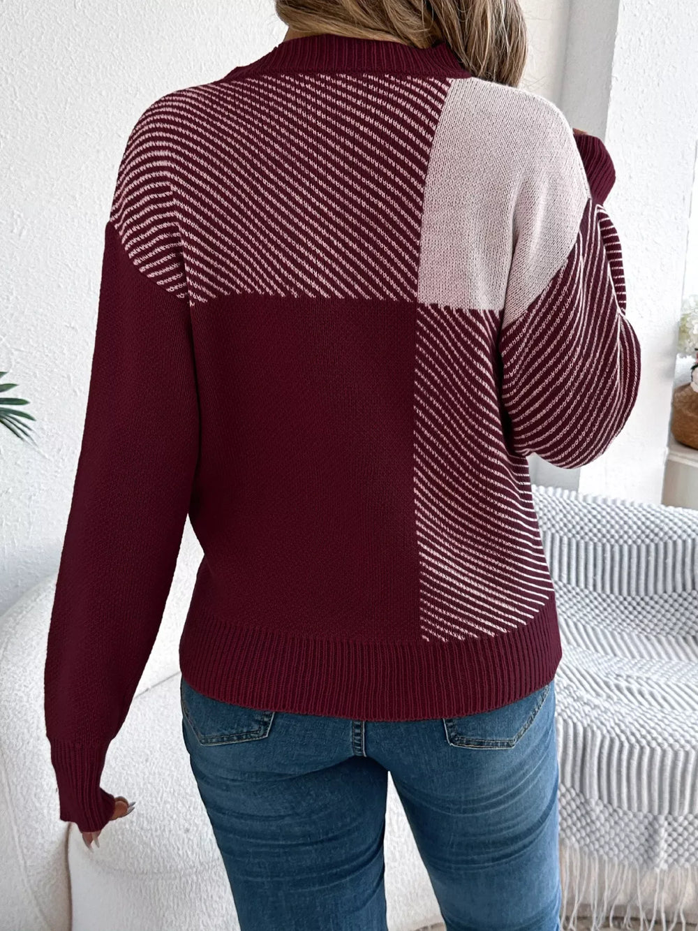 Modern Geometric Khaki Knit Sweater - TEVQA