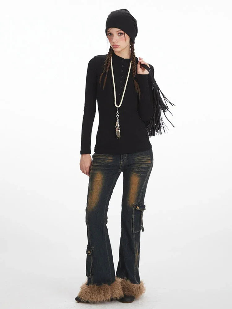 Y2K Essential Ribbed Henley Long Sleeve Top - TEVQA