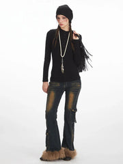 Y2K Essential Ribbed Henley Long Sleeve Top - TEVQA