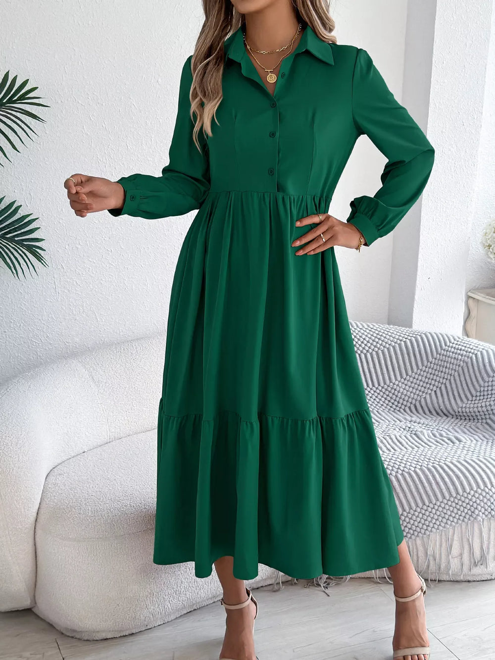 Navy Blue Ruffled Tiered Shirt Dress - View 18 | TEVQA