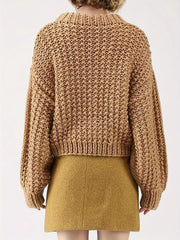 Vintage Mustard Chunky Knit Lantern Sleeve Sweater - TEVQA