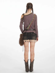 Y2K Grunge Asymmetrical Striped Long Sleeve Top - TEVQA