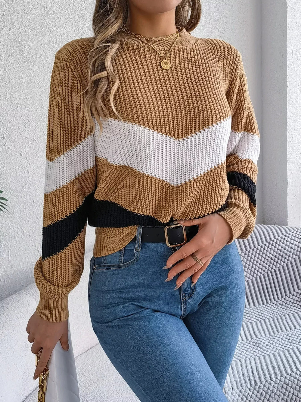 Women's Color Block Chevron Knit Sweater - TEVQA