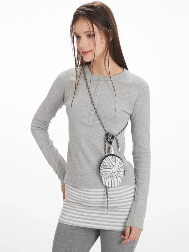 Vintage Grey Ribbed Henley Top - TEVQA