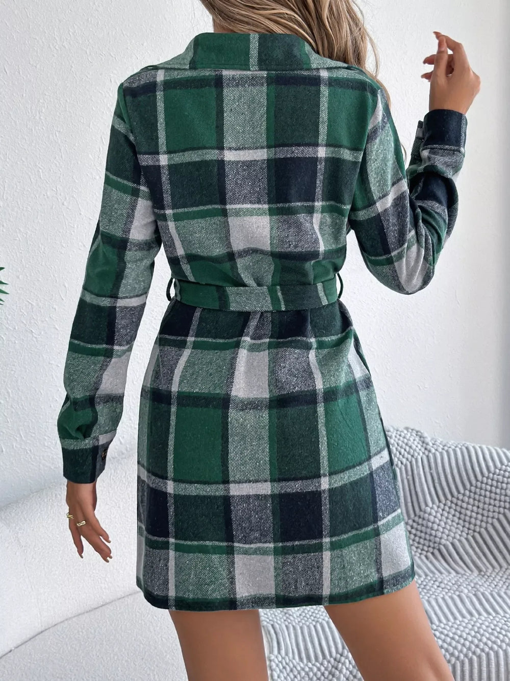 Green Plaid Belted Shirt Dress - View 7 | TEVQA