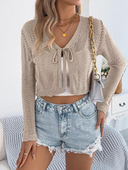 Pointelle Tie-Front Cardigan - View 9 | TEVQA