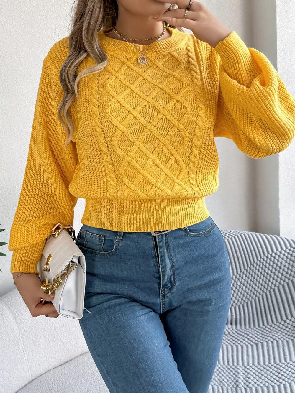 Orange Cable Knit Cinched Waist Sweater - View 9 | TEVQA
