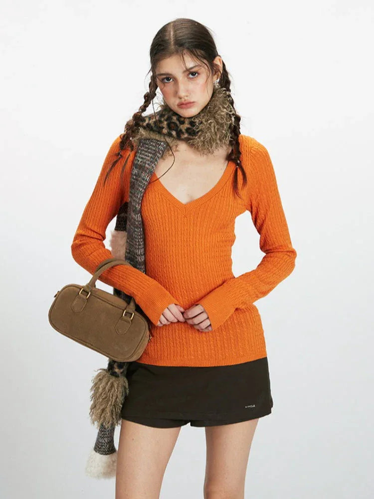 Vibrant V-Neck Slim Fit Cable Knit Top - TEVQA