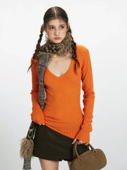 Vibrant V-Neck Slim Fit Cable Knit Top - TEVQA