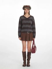 Vintage Academia V-Neck Striped Knit Sweater - TEVQA