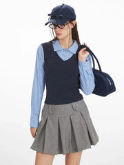 Preppy Faux Two-Piece Layered Top - TEVQA