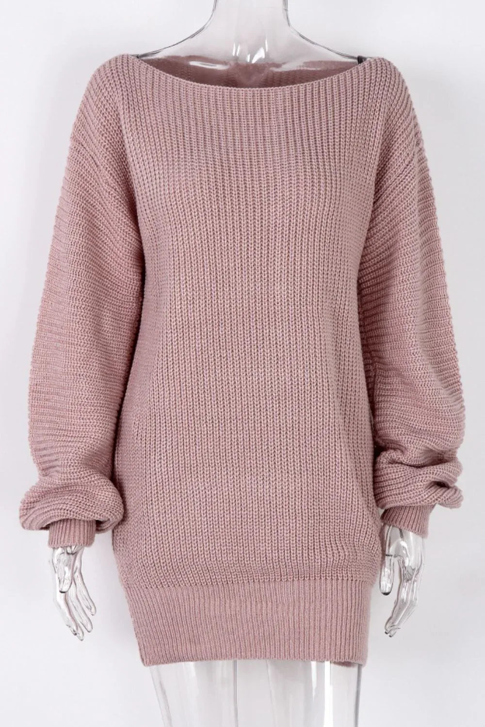 Front view of a pink off-the-shoulder ribbed knit tunic sweater on a mannequin.