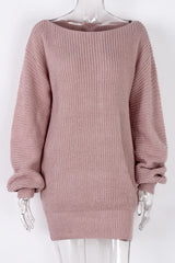 Front view of a pink off-the-shoulder ribbed knit tunic sweater on a mannequin.