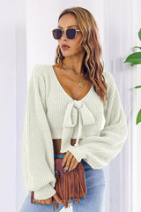 Ribbed knit crop sweater with tie neck - View 6 | TEVQA