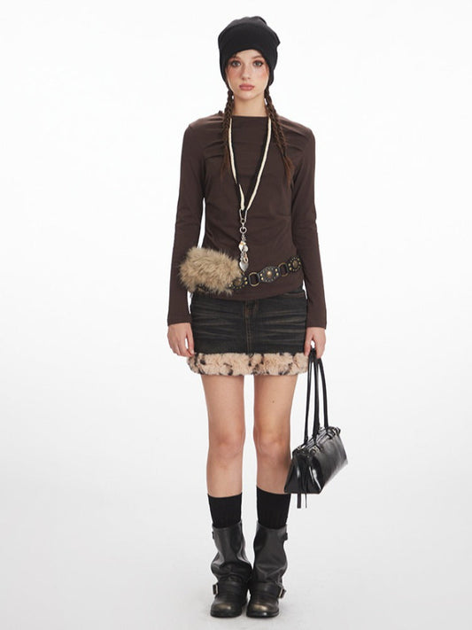 Y2K Mocha Ruched Slim Fit Long Sleeve Top