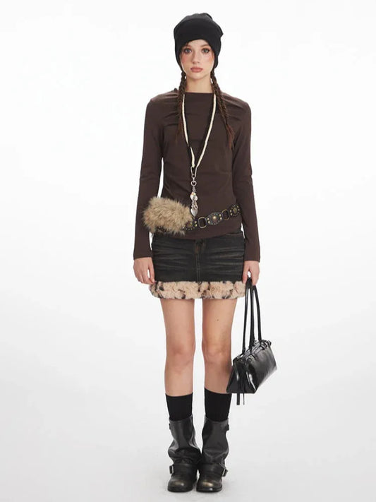 Y2K Mocha Ruched Slim Fit Long Sleeve Top - TEVQA