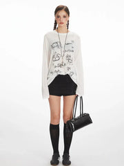 White Sheer Sketch Print Long Sleeve Tee - TEVQA