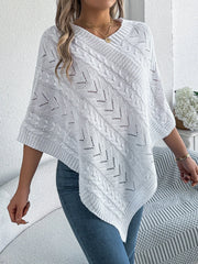 White Cable Knit V-Neck Poncho Sweater - TEVQA